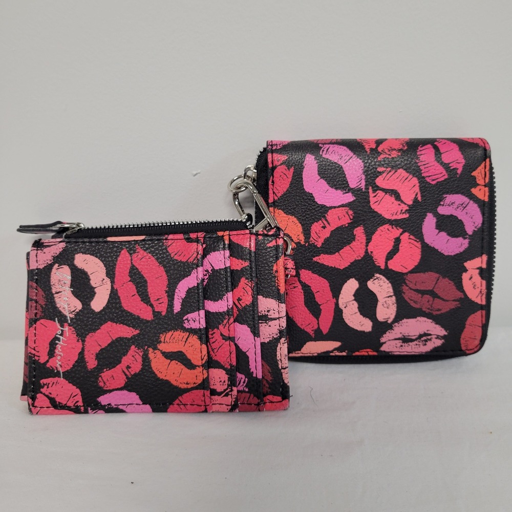 Betsey Johnson Lips Print Zip Around Wallet and Card Holder Set Black Pink Red